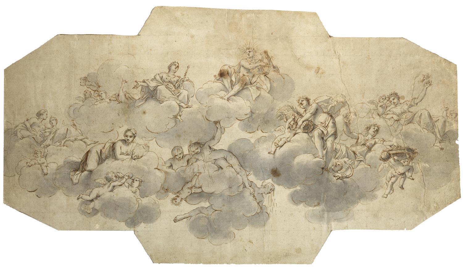 素描-西班牙普拉多美术馆素描藏画-Franceschini, Marcantonio-Apolo y Juno con tres Estaciones y las Lluvias-0980